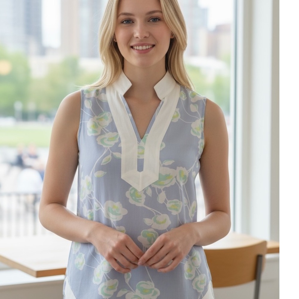 SAIL TO SABLE Classic Sleeveless Mini Tunic‎ Dress Large Linen Blend Blue floral
